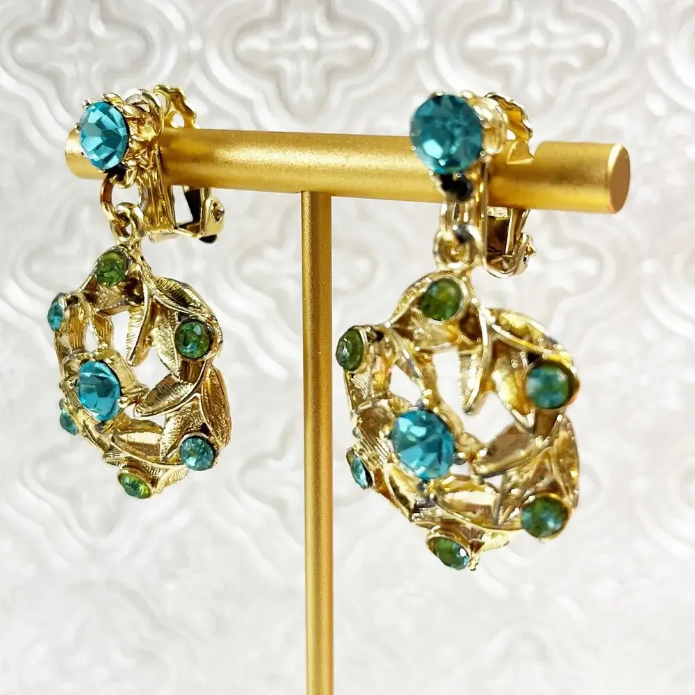Vintage Teal Blue & Gold Tone Clip Drop Earrings